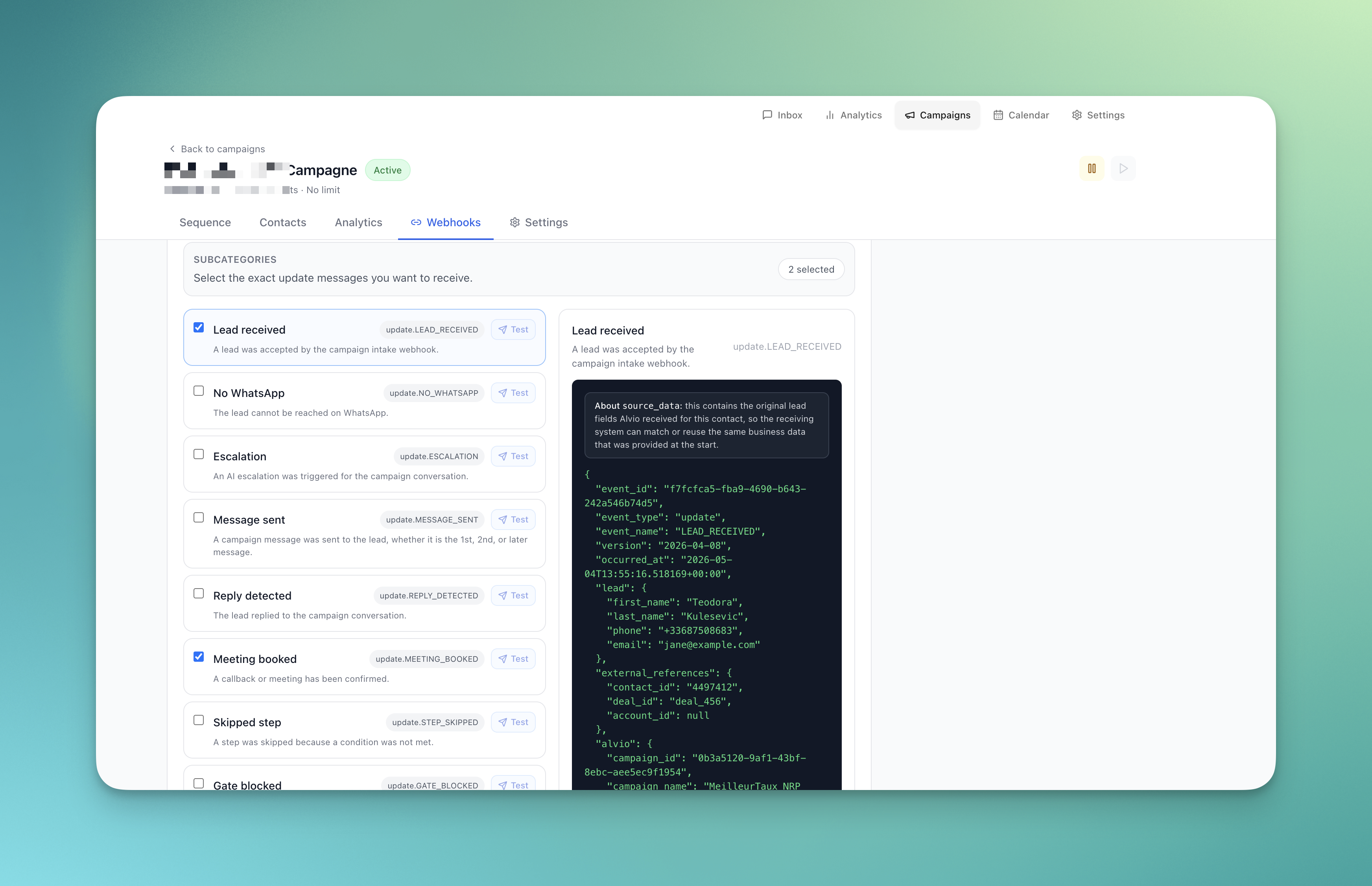 Évolutions campagnes et abonnements webhook