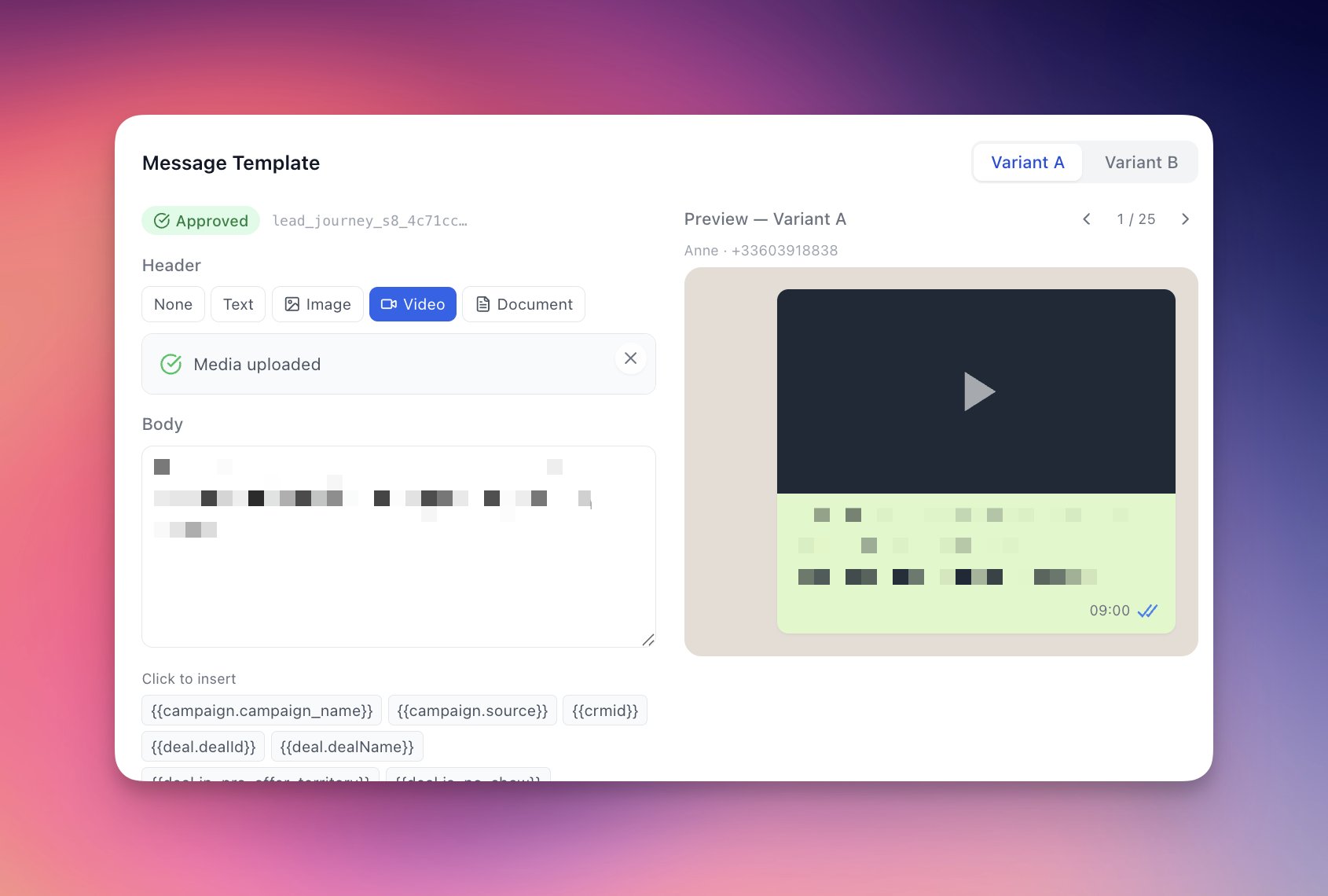Éditeur de template — variantes A/B