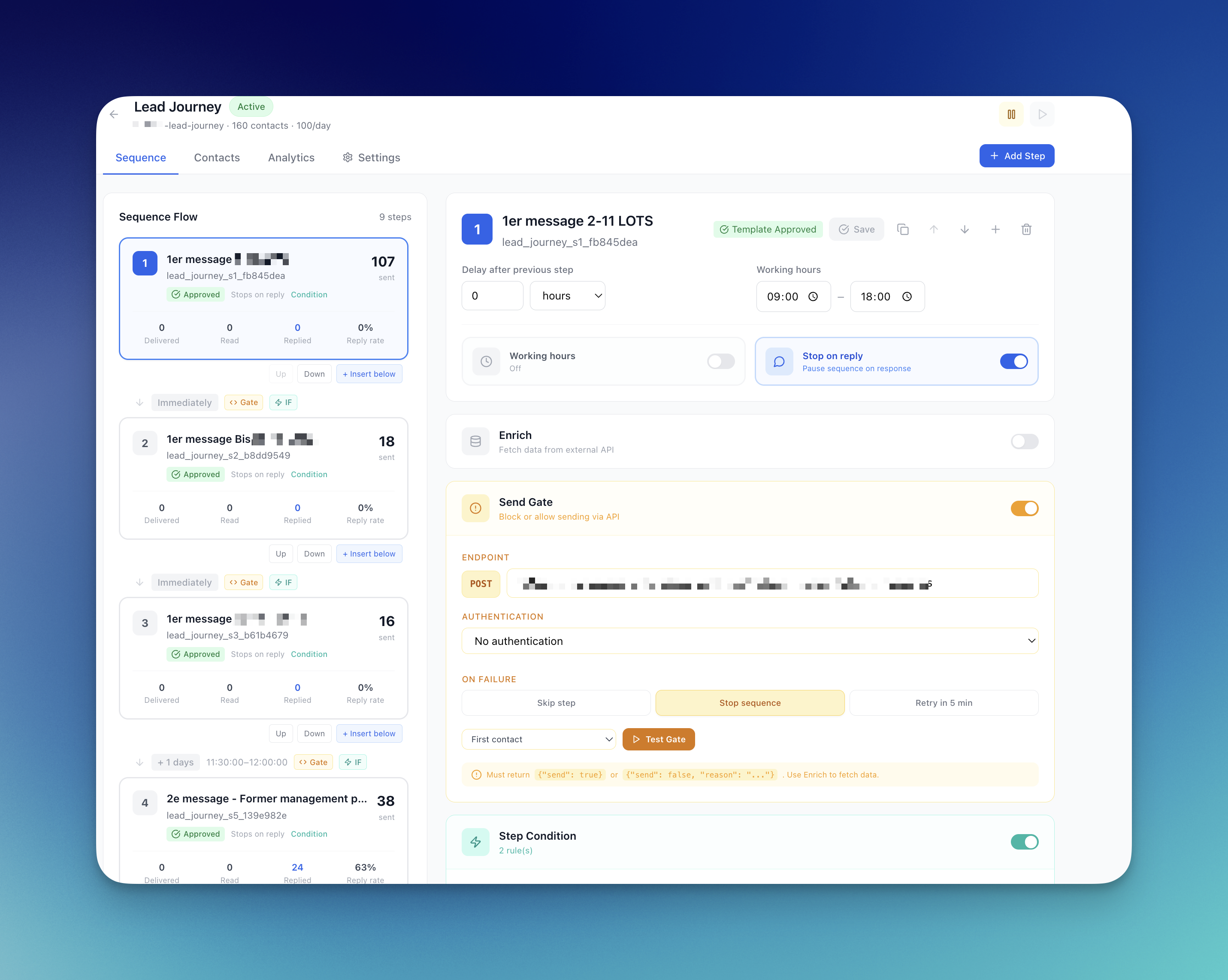 Éditeur de séquence — étapes, stats et logique