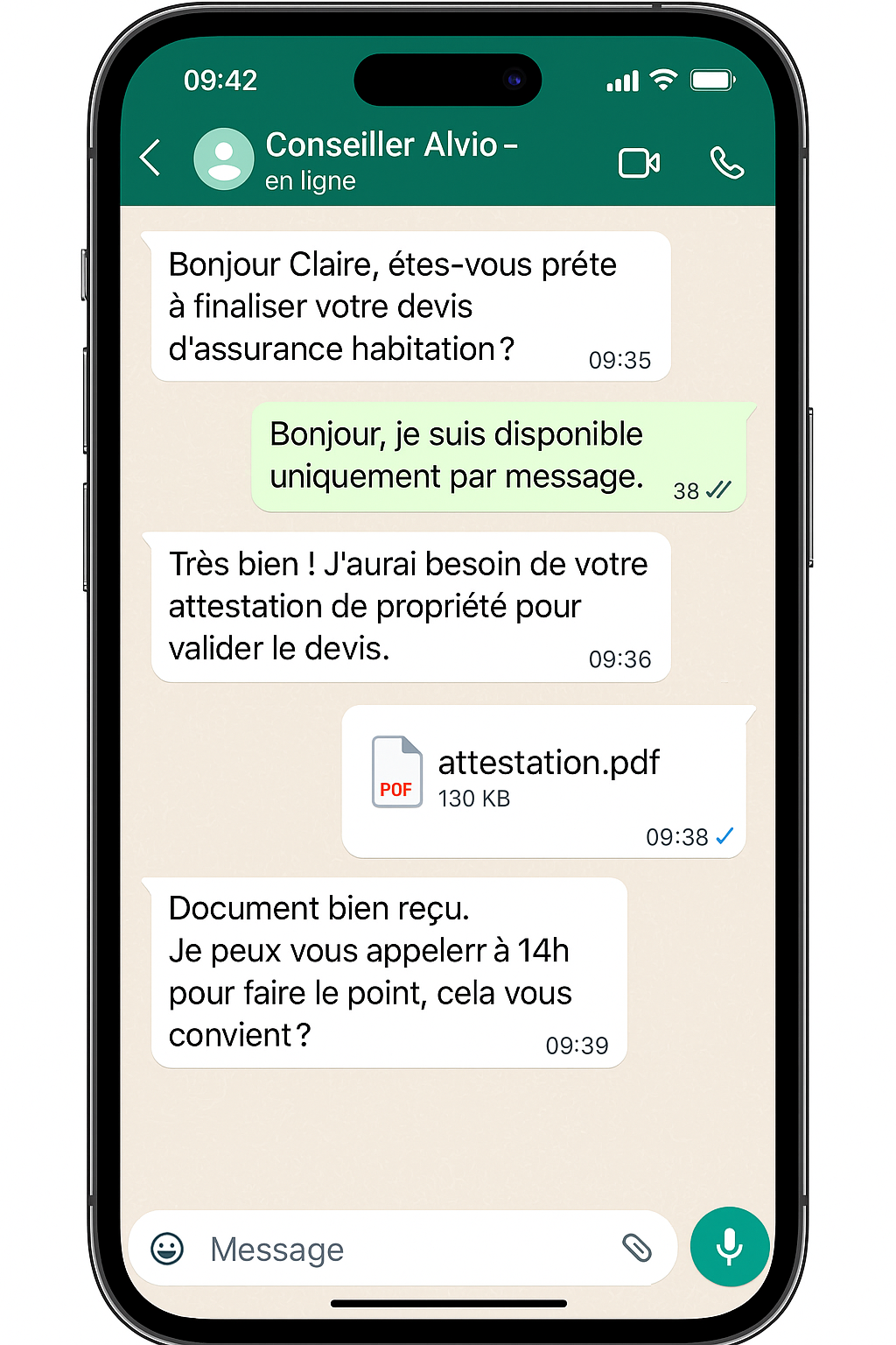 Exemple de conversation WhatsApp pour relancer un devis assurance